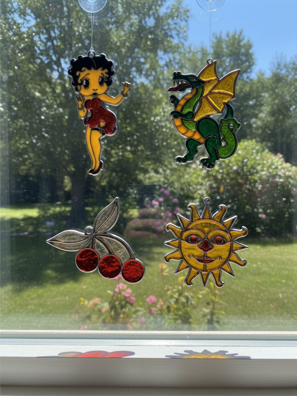 Vintage Suncatcher Lot of 4 Betty Boop Dragon Sun Cherries Stained Glass Style